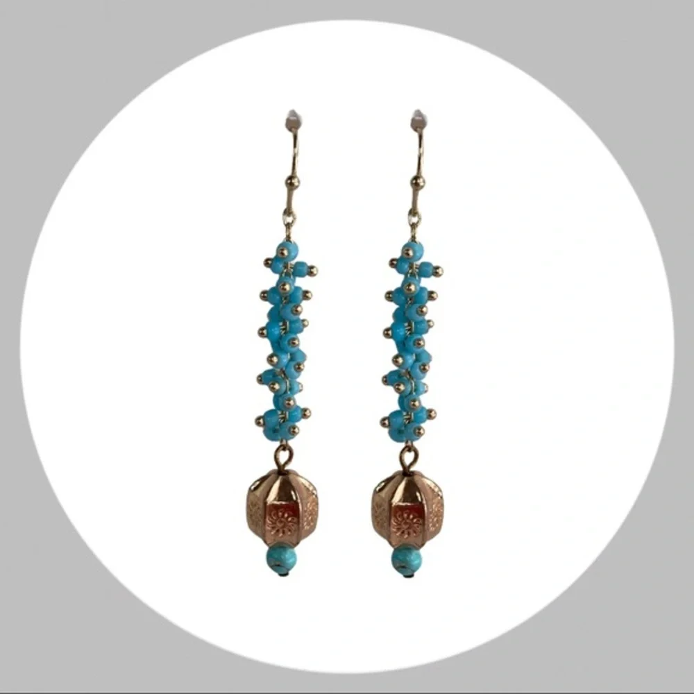 Turquoise & Gold Beaded Drop Earrings - Picture 1 of 3